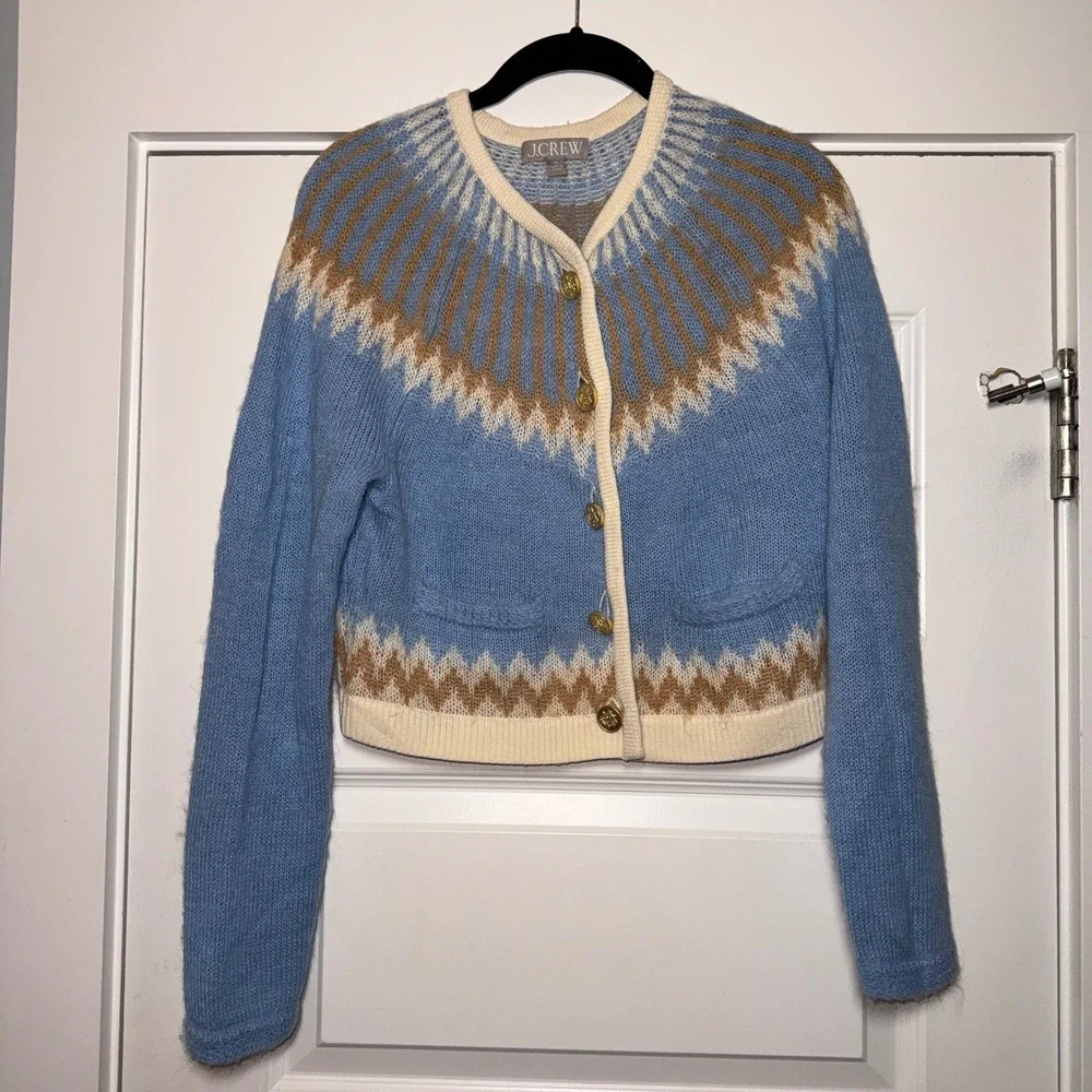 J Crew Womens Blue Fair Isle Alpaca Wool Blend Cropped Cardigan Sweater XS